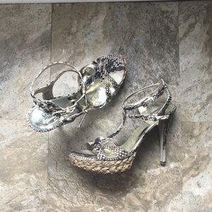 GUESS Reptile Gold Sole Braided Strapped Heels